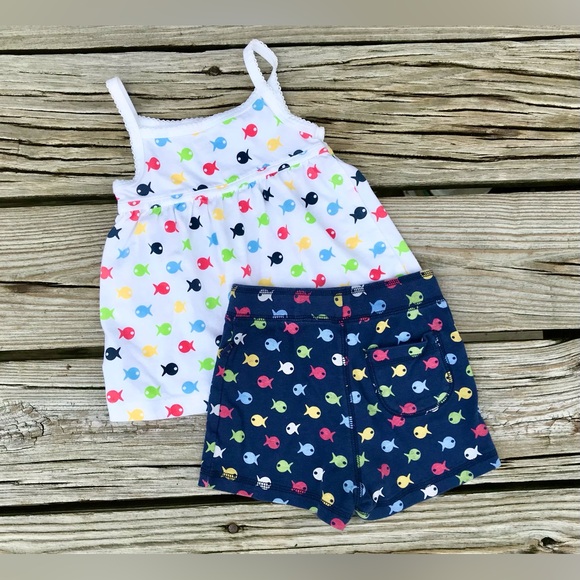 18-24m Girls BABY GAP Fish Pattern Mix Match Set Tunic Tank Top Knit Shorts - Picture 7 of 7